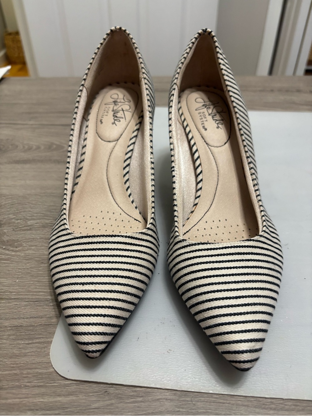 Life Stride Cream and Black Striped Pointed Toe Heels